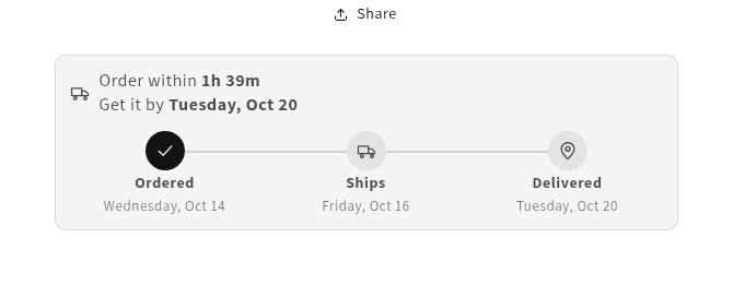 Porchday on a product page: order within 1h 39m, get it by Tuesday, Oct 20, with an ordered, ships and delivered timeline